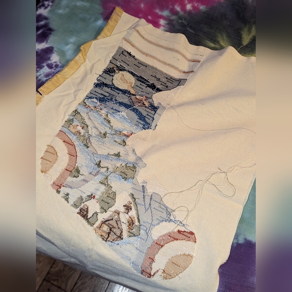 Vintage Christmas Stocking Santa  Sled Unfinished Needlepoint Hand Embroidered - Picture 7 of 9